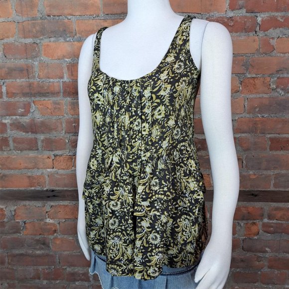 Intimately Free People Babydoll Tiered Top Sleeveless Brown Gold White Print XS - Picture 2 of 7